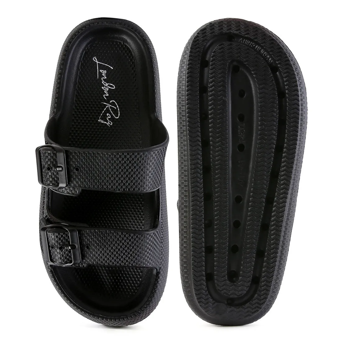 Black Loma Hovercraft Buckled Slides