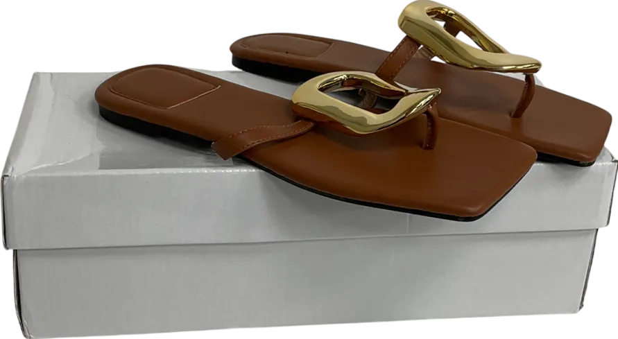 Brown Square Toe Flip Flops, Summer Outdoor Fashion Casual Flat Thong Sandals With Golden Plastic Buckle UK 6 EU 39 👠