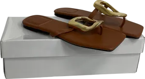 Brown Square Toe Flip Flops, Summer Outdoor Fashion Casual Flat Thong Sandals With Golden Plastic Buckle UK 6 EU 39 👠