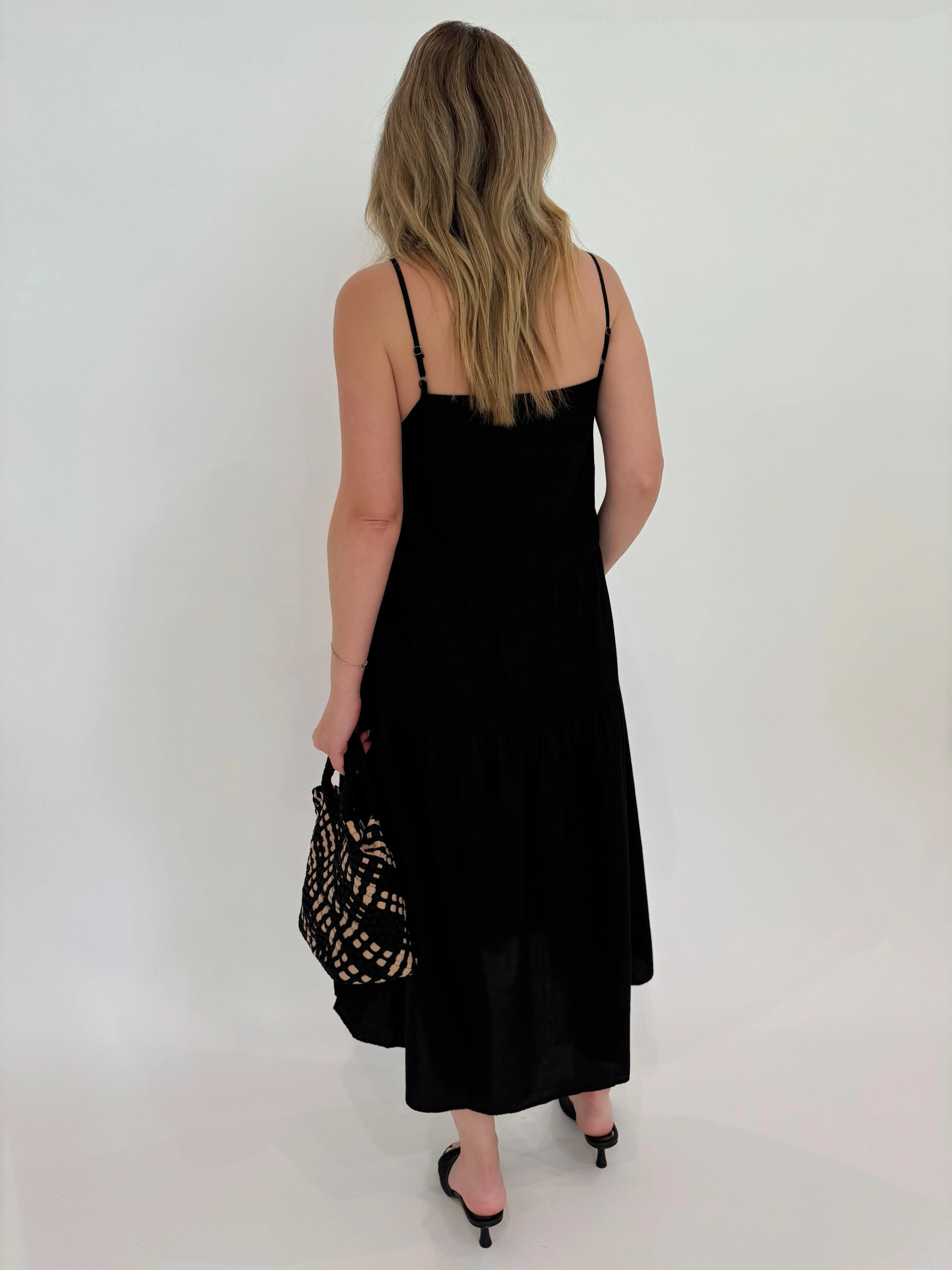 Cool Cotton Strappy Tiered Dress - Black