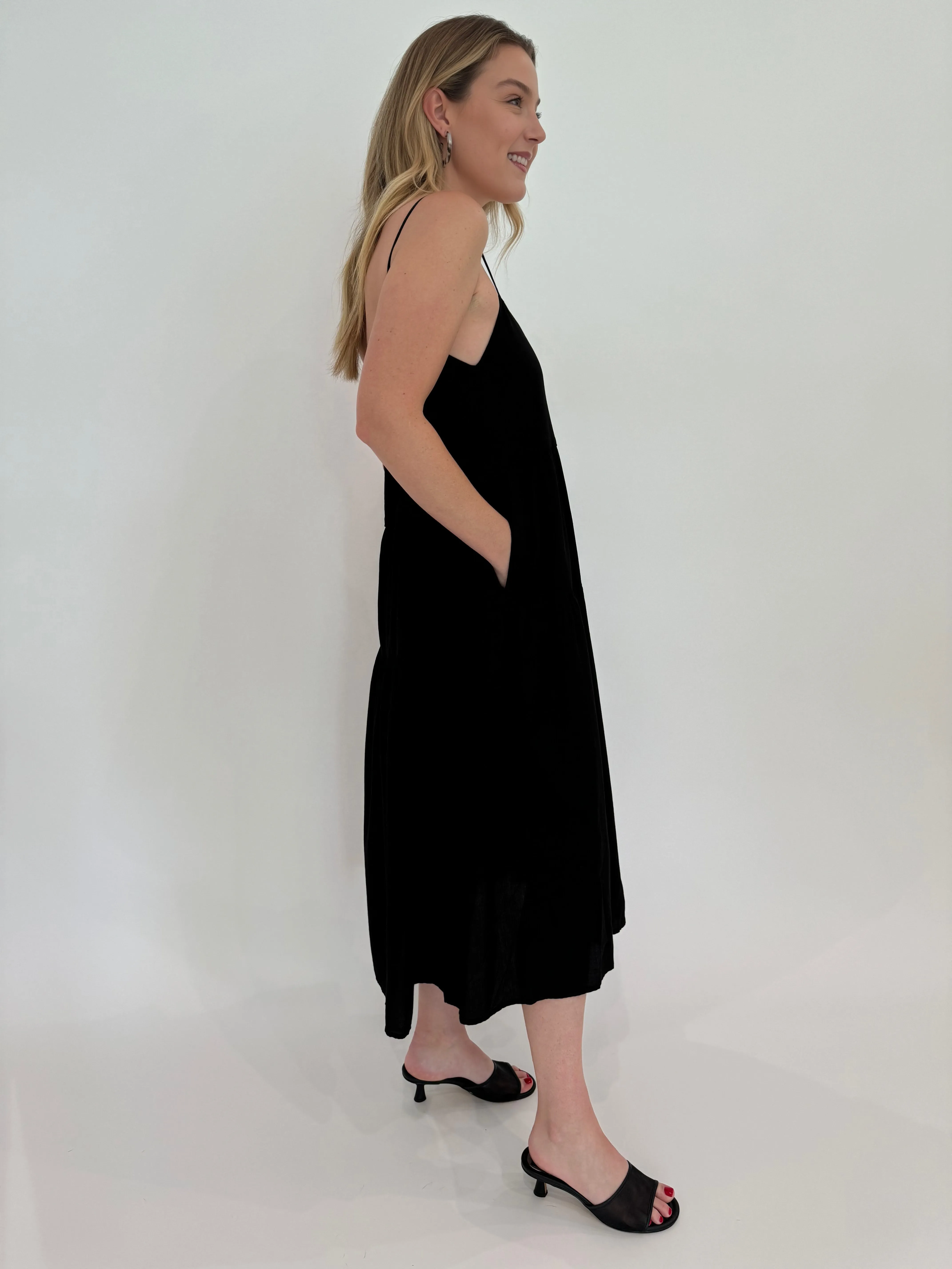 Cool Cotton Strappy Tiered Dress - Black