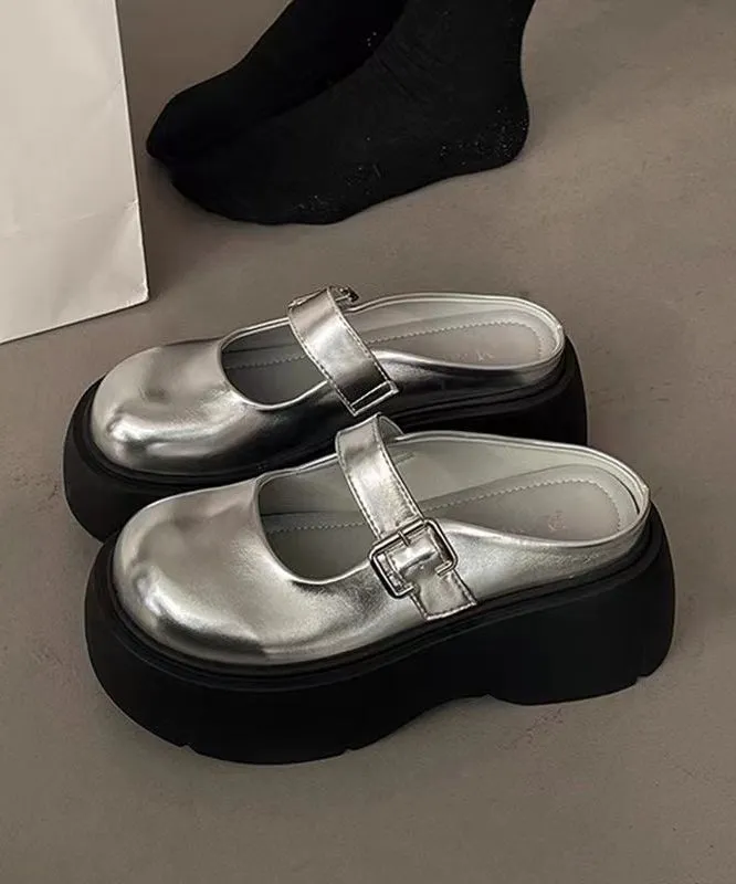 Fashionable Japanese Versatile Silver Platform Slide Sandals AP1040