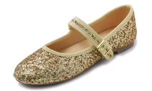 Feversole Women's Soft Cushion Extra Padded Comfort Round Toe Mary Jane Metal Buckle Fashion Ballet Flats Walking Shoes Gold Glitter