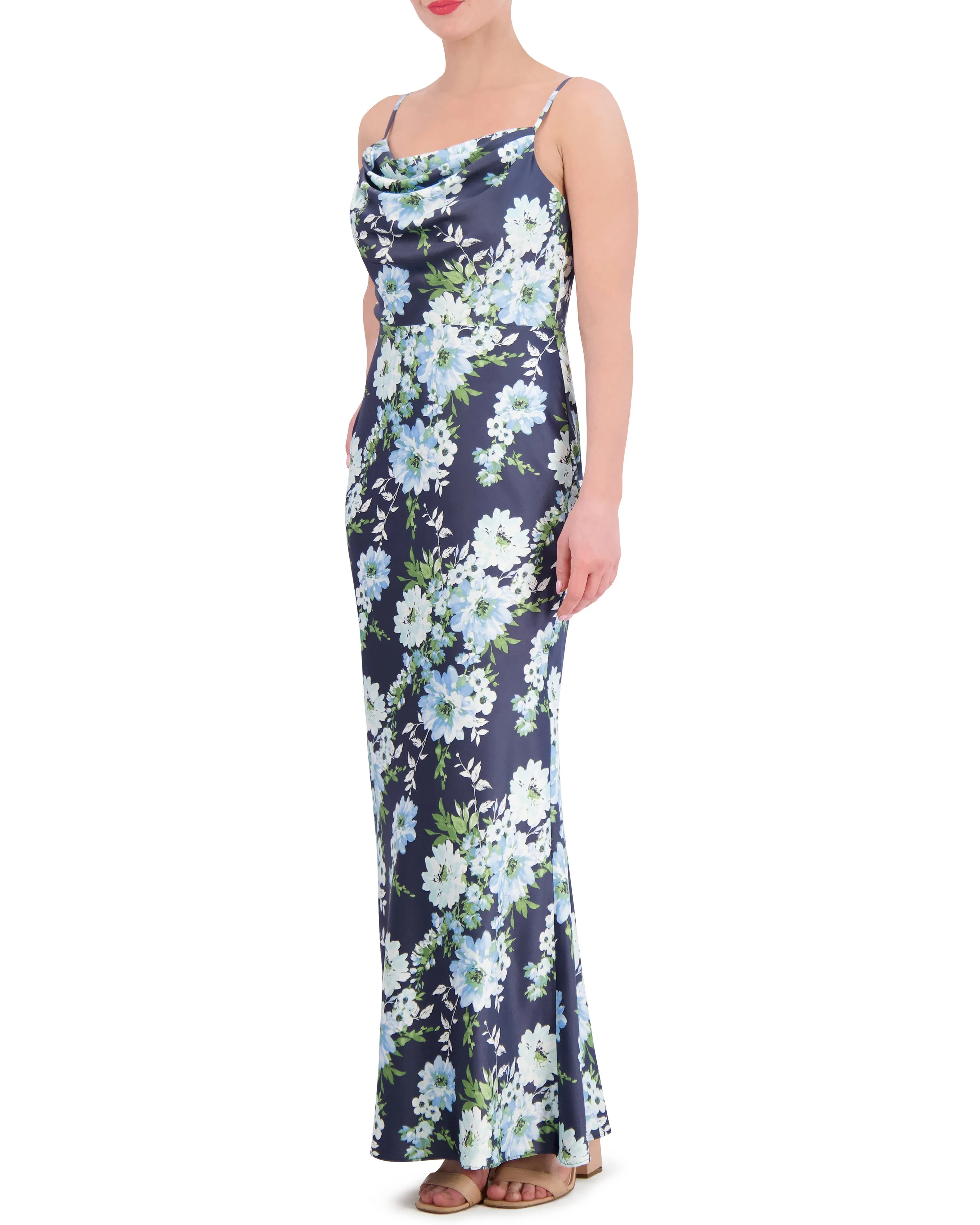 Floral-Print Satin Cowl-Neck Gown