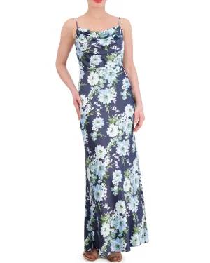 Floral-Print Satin Cowl-Neck Gown