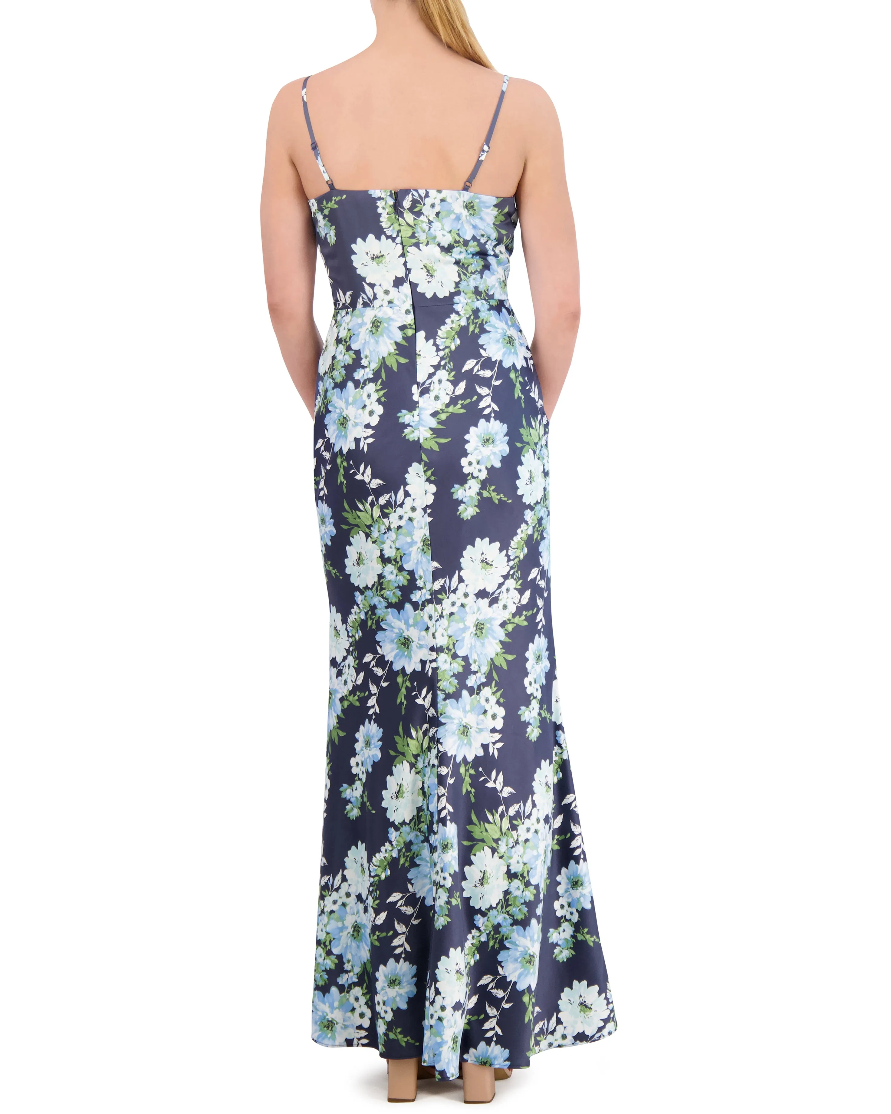 Floral-Print Satin Cowl-Neck Gown