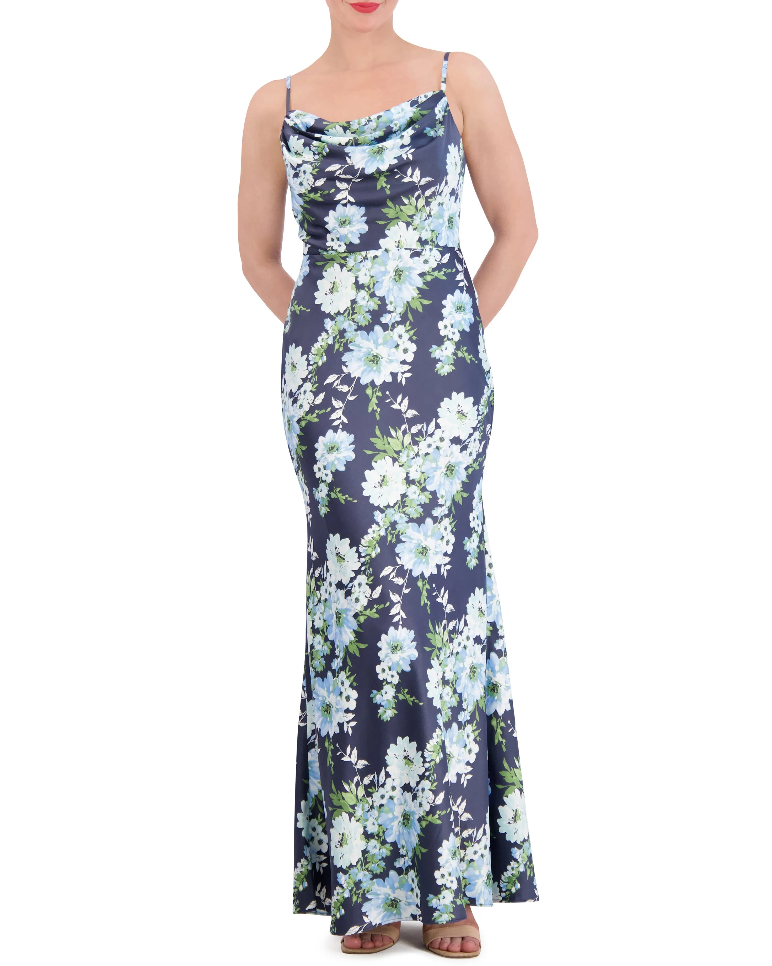 Floral-Print Satin Cowl-Neck Gown