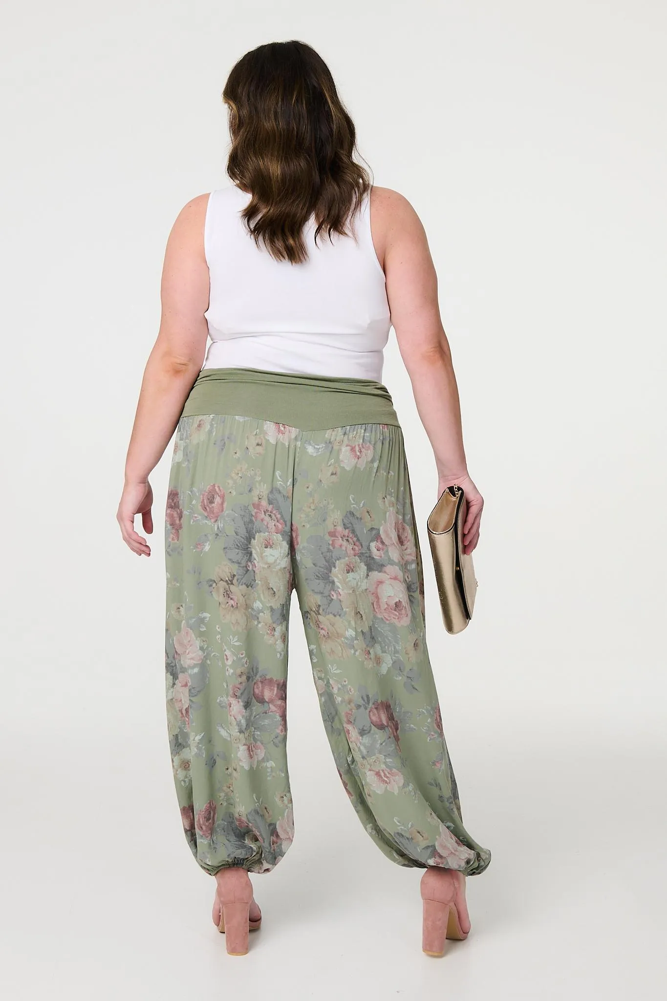 Floral Ruched Waist Harem Trousers