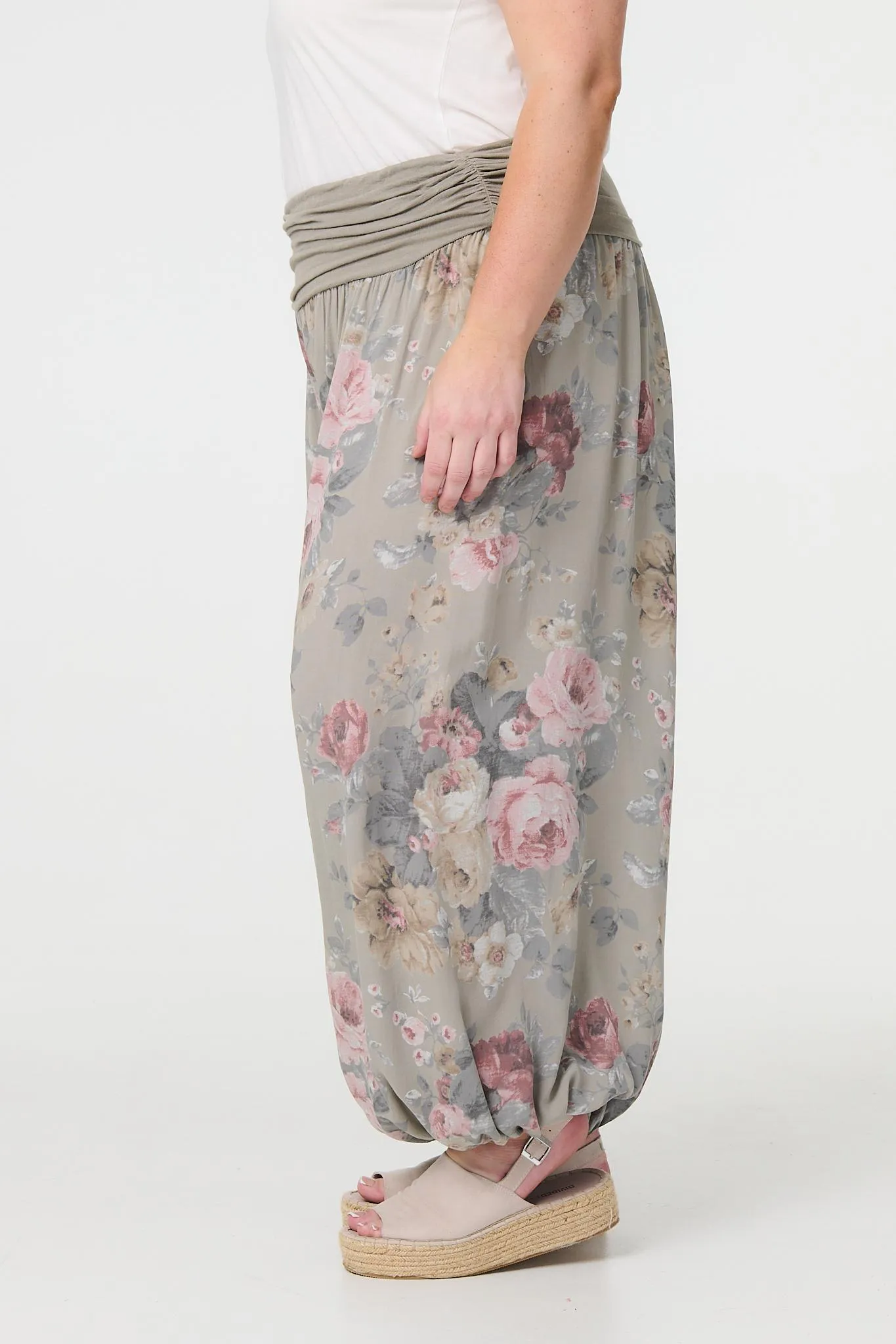 Floral Ruched Waist Harem Trousers