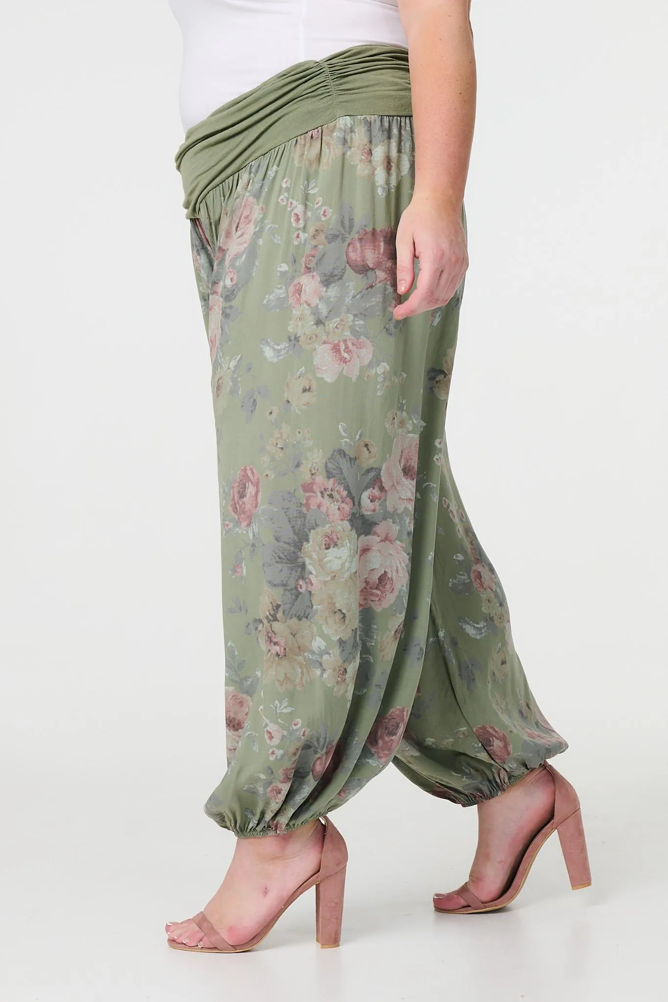 Floral Ruched Waist Harem Trousers