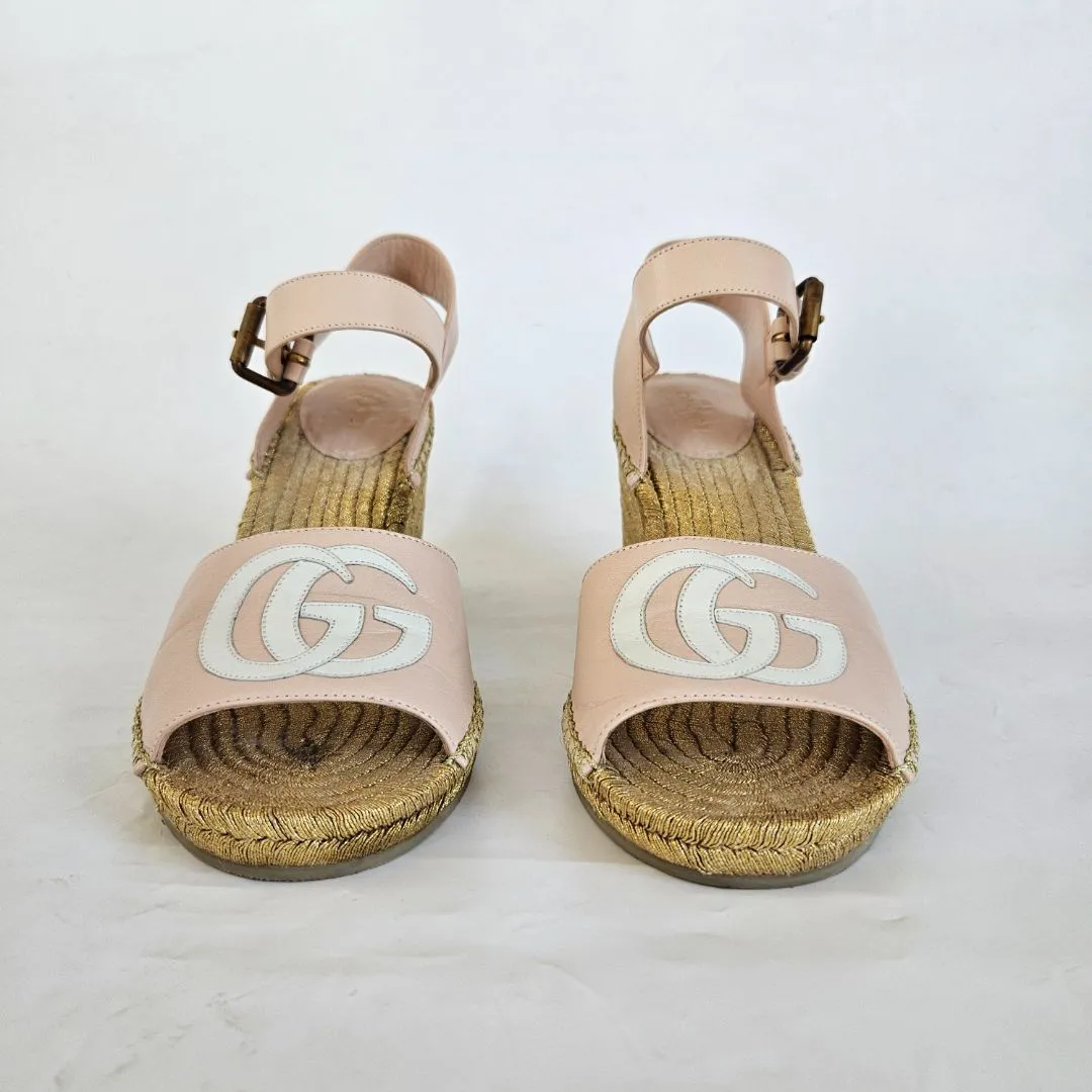 Gucci Leather wedge espadrilles, metallic-finish jute wedge, 38.5