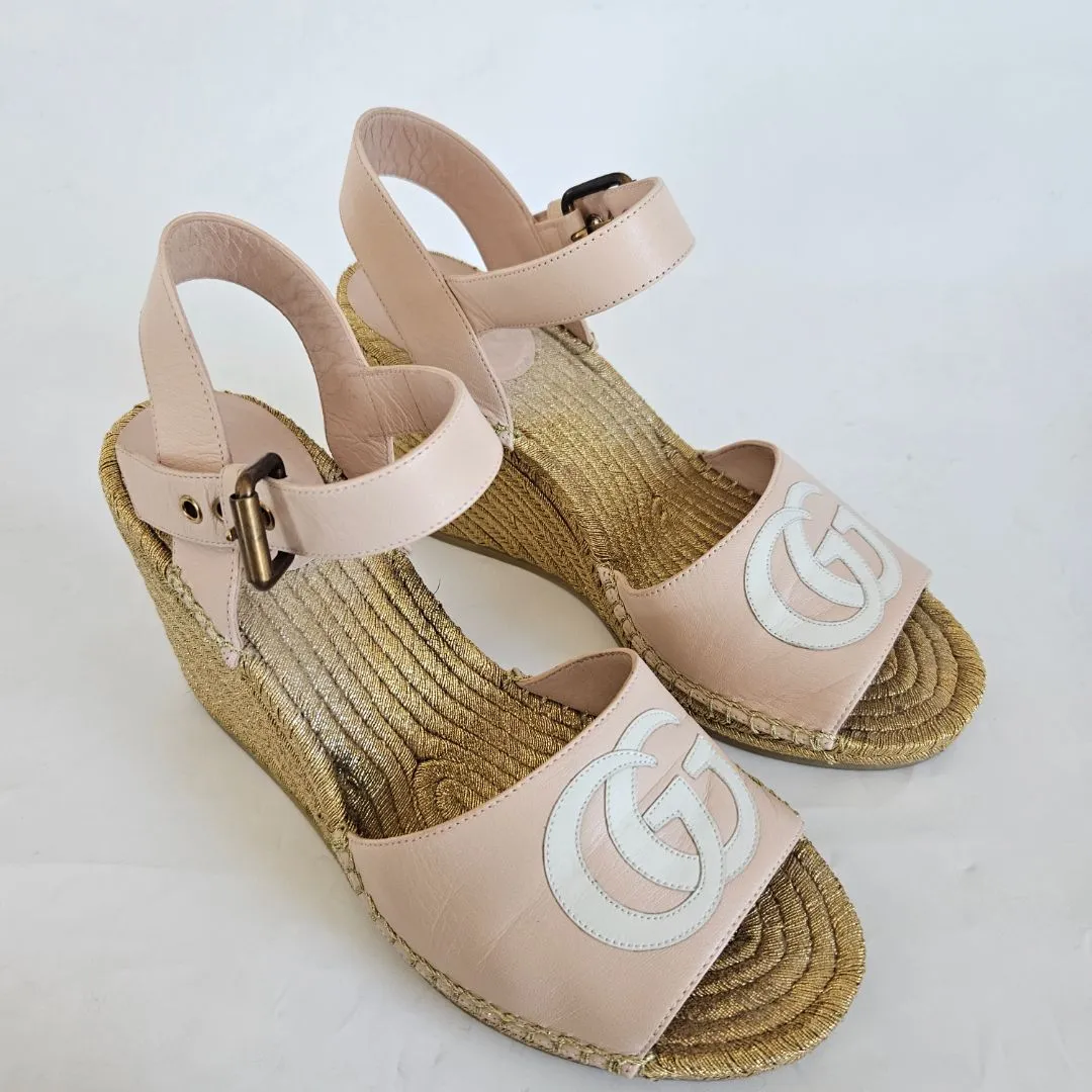 Gucci Leather wedge espadrilles, metallic-finish jute wedge, 38.5