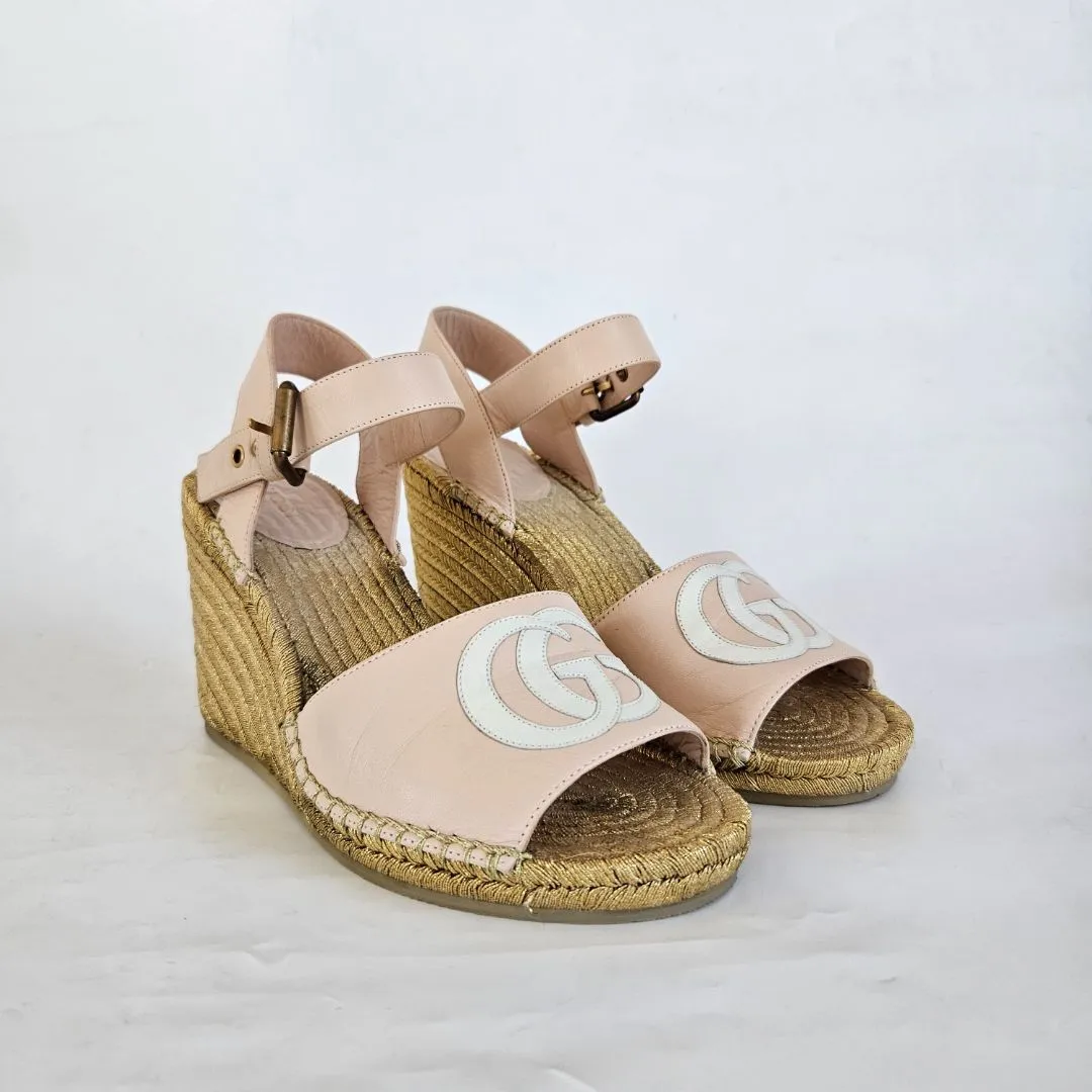 Gucci Leather wedge espadrilles, metallic-finish jute wedge, 38.5