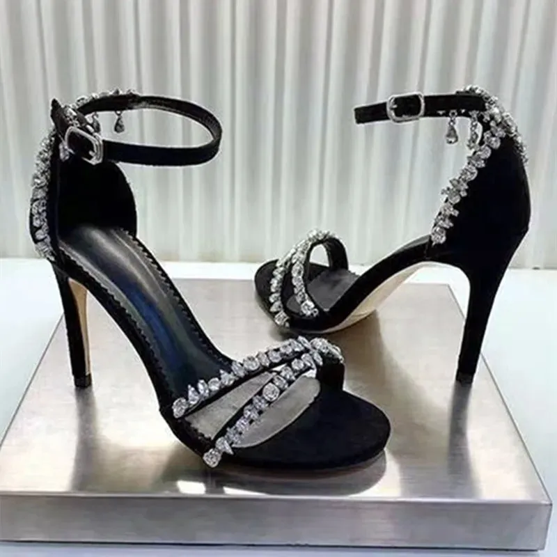 Luxury Design Women's Sandals Crystal Chains Decor High Heels Dress Party Shoe