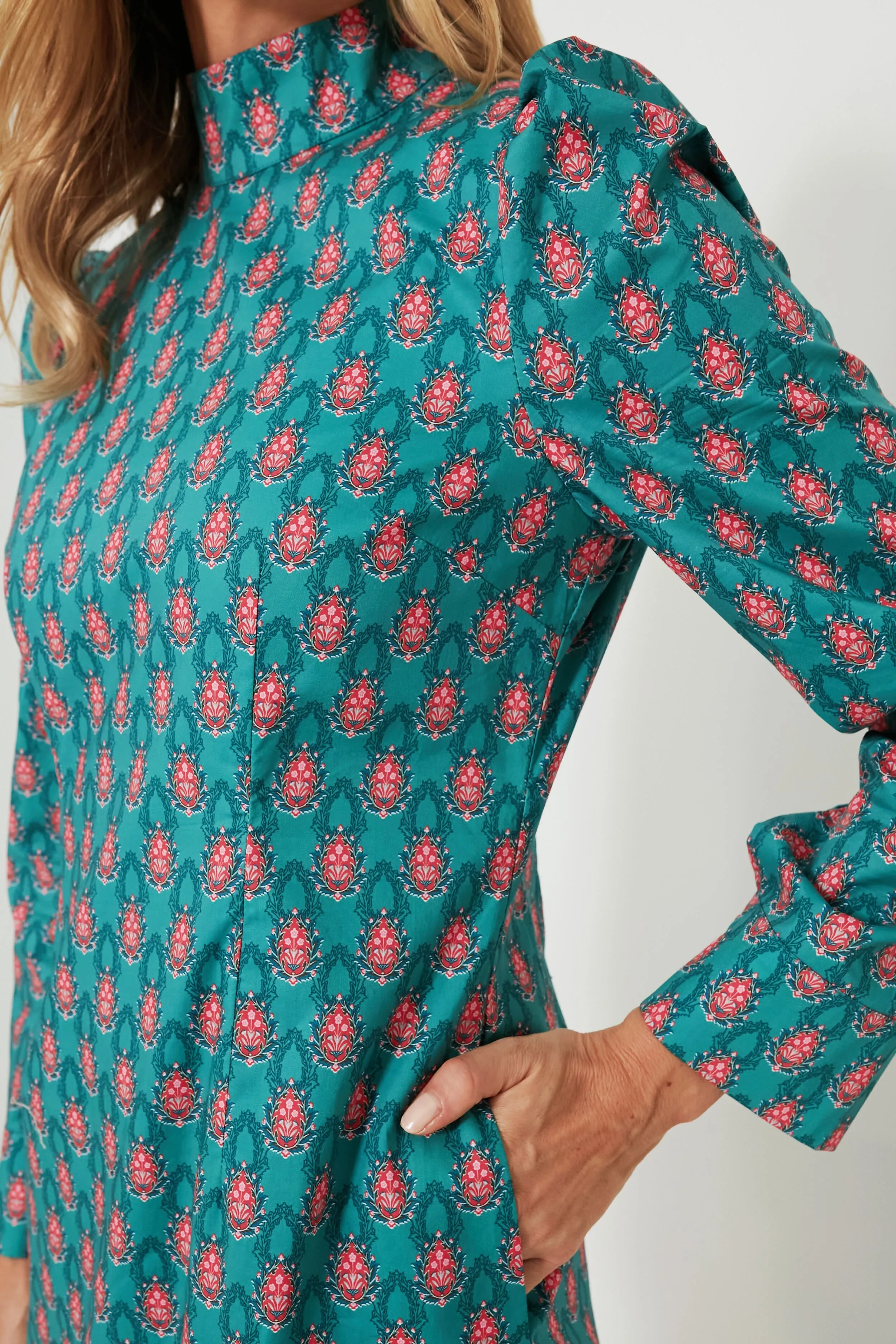 Teal & Red Floral Mock Neck Maris Dress