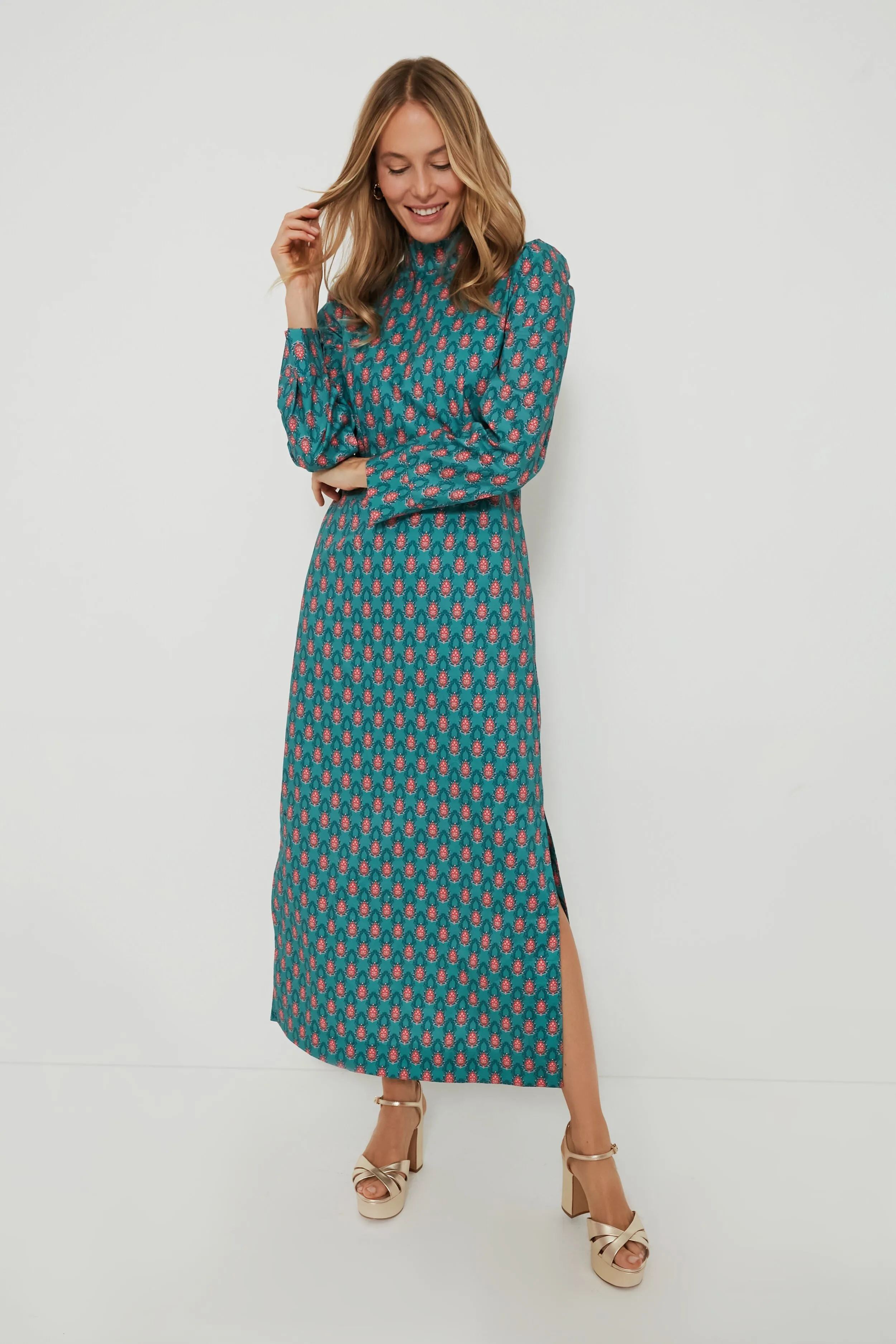 Teal & Red Floral Mock Neck Maris Dress