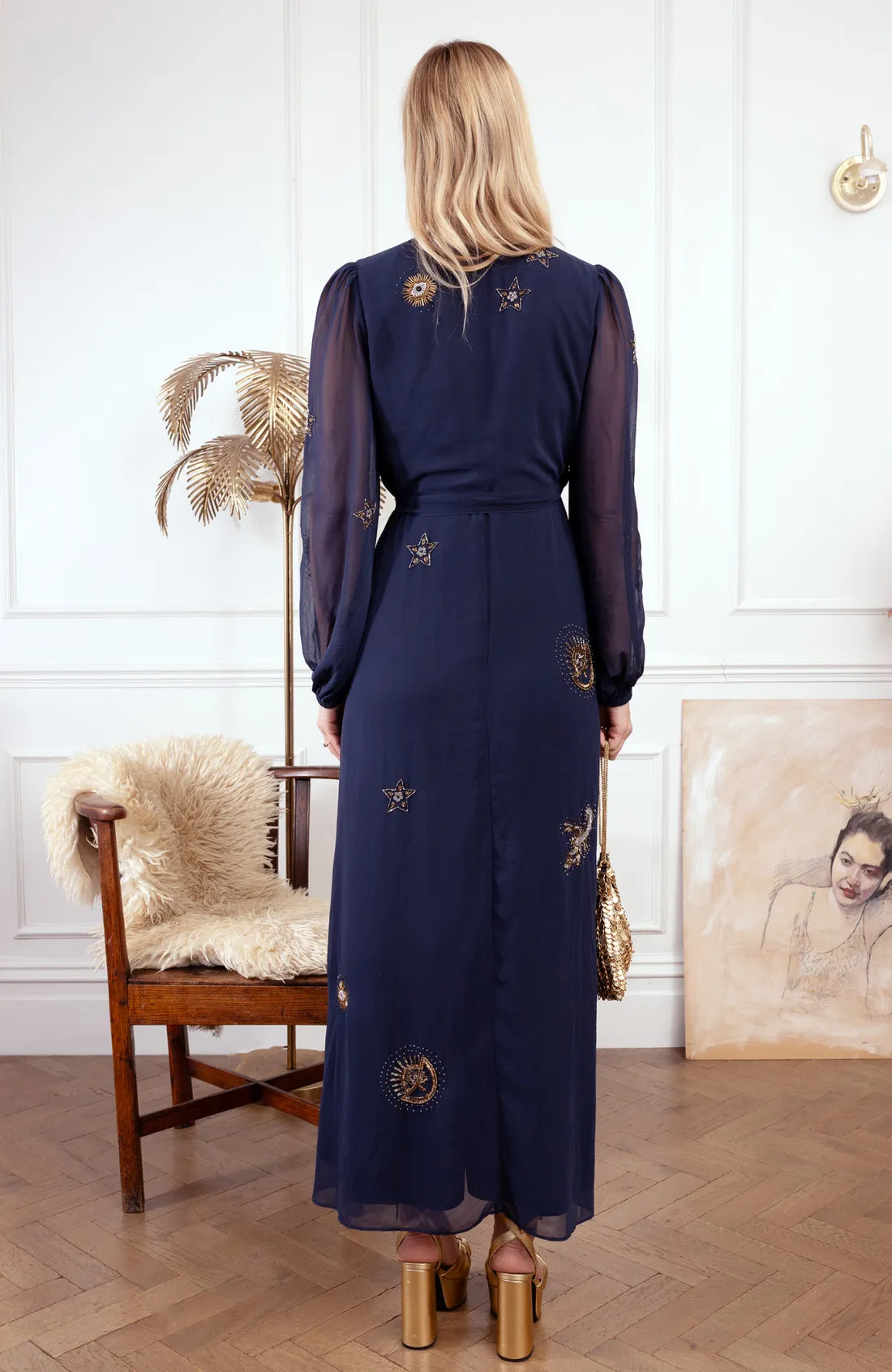 The Kai Embellished Blouson Sleeve Wrap Dress (Navy)