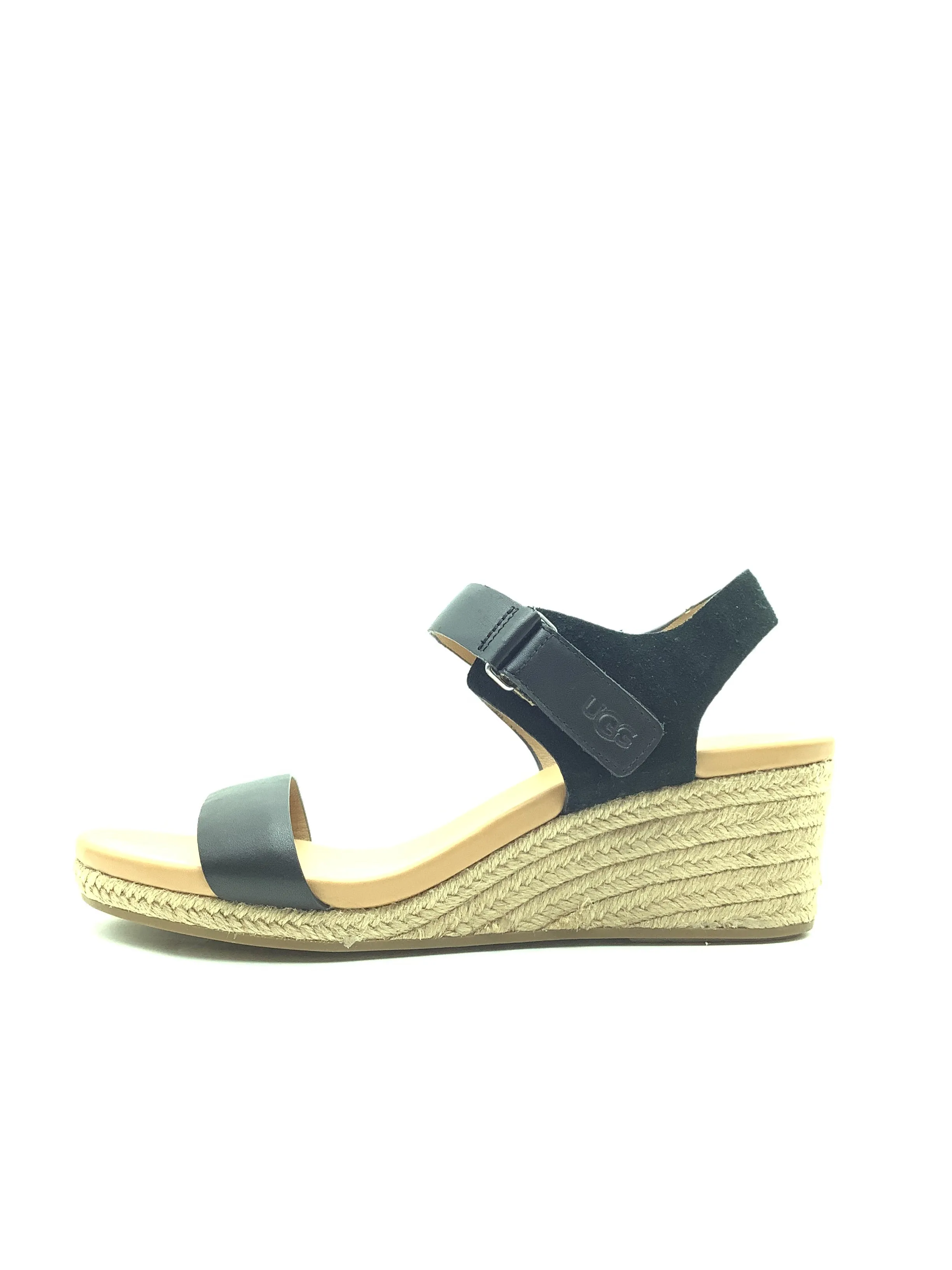 UGG Eisley Wedge Espadrille Sandal Black Leather Strap Size: 12