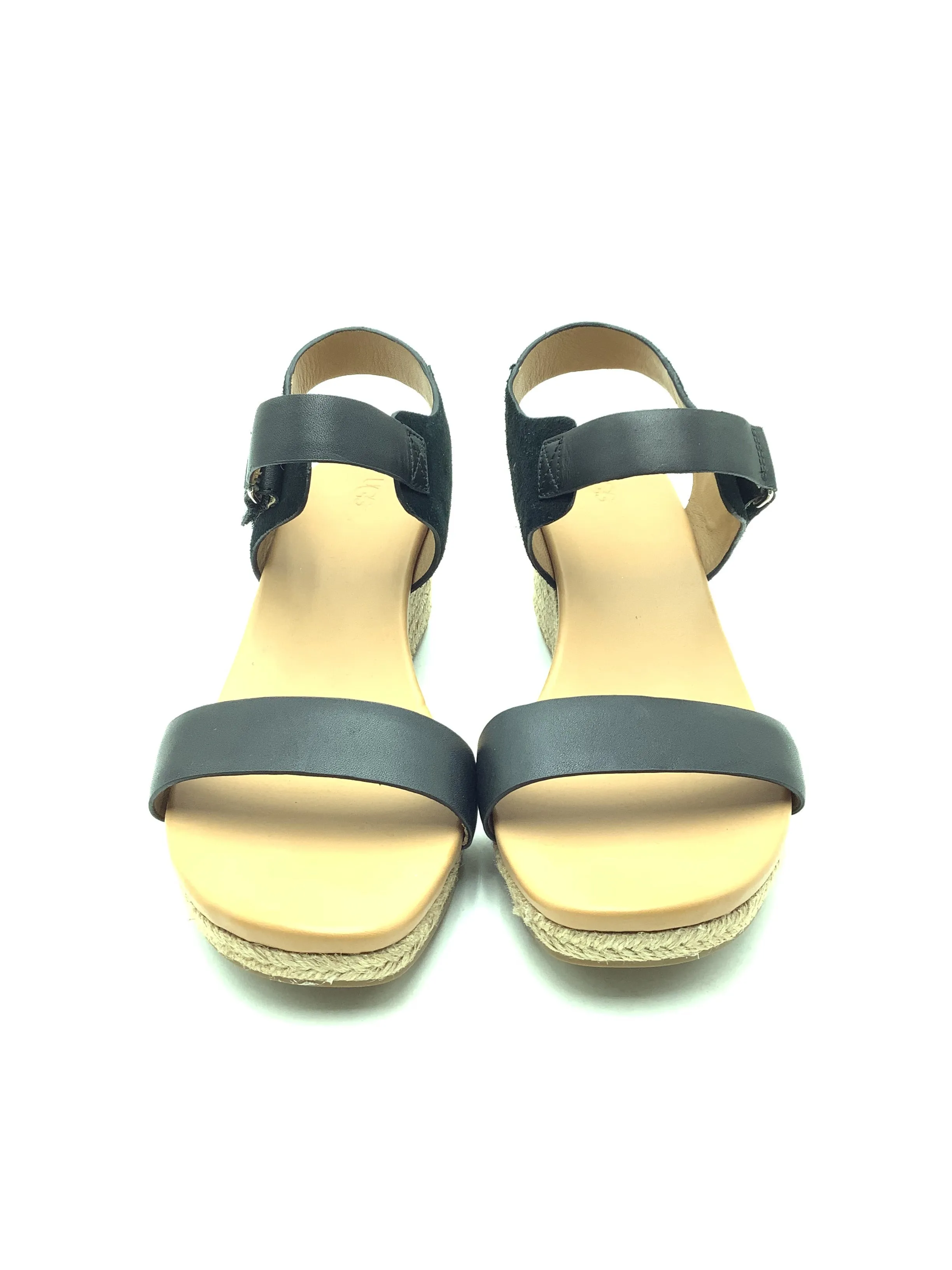 UGG Eisley Wedge Espadrille Sandal Black Leather Strap Size: 12