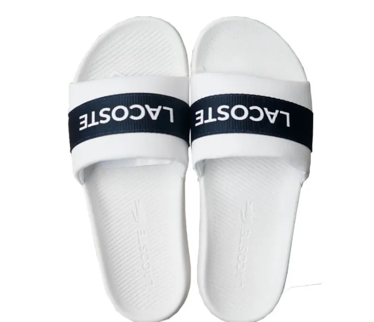 Women's Lacoste Croco Slides (White/Navy)